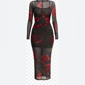 Good American Women's Mesh Ruched Long Sleeve Maxi Dress
